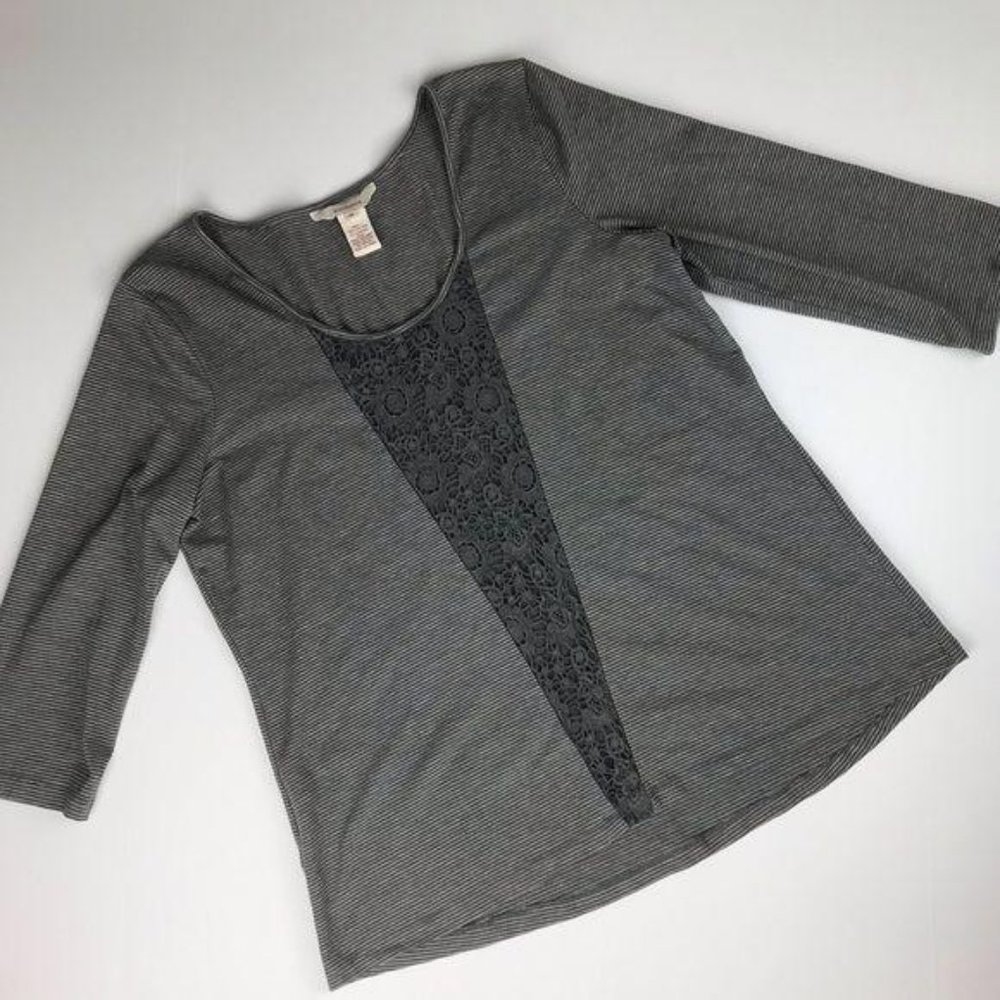 Sundance Grey Striped & Crocheted Lace Top Medium